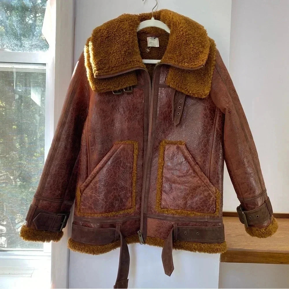 Free People Maverick Shearling Leather Jacket Brown Small - Picture 14 of 17